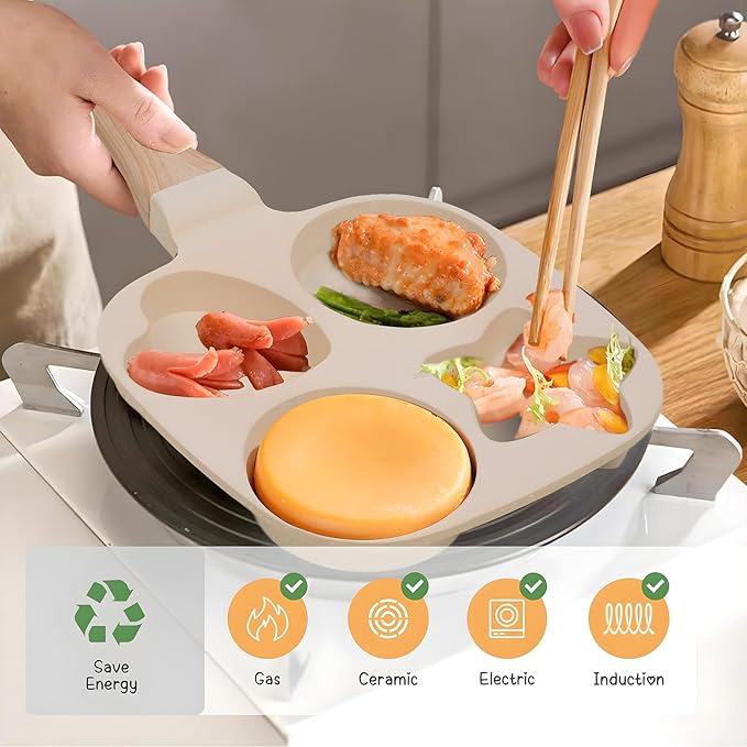 4-Cup Nonstick Omelette Skillet Egg Frying Pan, Healthy Breakfast Pancake Pan for Pancake, Hamburger, Bacon, Easy to Clean, Detachable Bakelite HandleSuitable for Gas Stove & Induction Cookware (1)