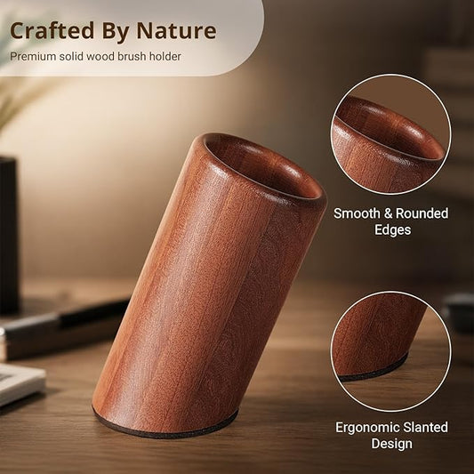 walowalo Pen Holder Natural Wooden Pencil Holder for Desk, Angled Design Makeup Brush Holder Pencil Cup, Multiple-Use Marker Holder Desktop Stationary Organizer for Office, Home, School