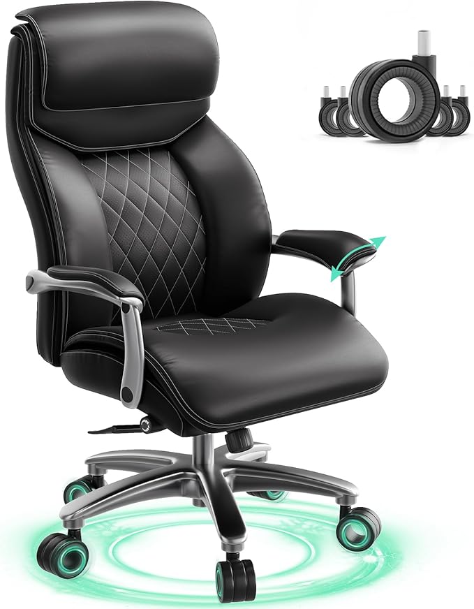 Big and Tall Office Chair with Wide Area Armrest, 600lbs Heavy Duty Desk Chair with Adjustable Lumbar Support, PU Leather High Back Ergonomic Executive Computer Chair with 3'' Silent Casters