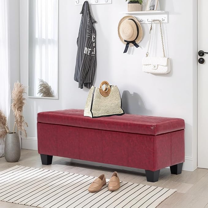 41" Storage Ottoman Bench, Faux Leather Storage Foot Rest with Safety Hinge, Load up to 660 lb Upholstered Tufted Entryway Bench with Seating for Living Room, Bedroom, Wine Red