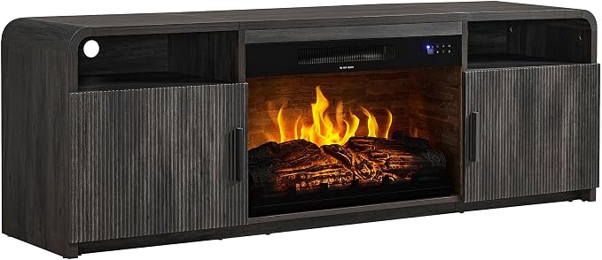 AMERLIFE 70" Fluted Fireplace TV Stand for TVs Up to 80", Modern TV Console with 30" Electric Fireplace & Storage Cabinets, Media Entertainment Center for Living Room, Black