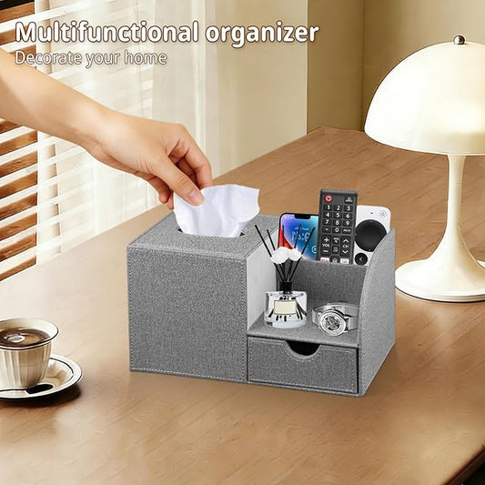 Nightstand Organizer with Tissue Holder,PU Leather Square Tissue Box Cover,Modern Facial Paper Organizer Storage Box for Remote Control,Bathroom,Vanity Countertop,End Table Home Office.Gray