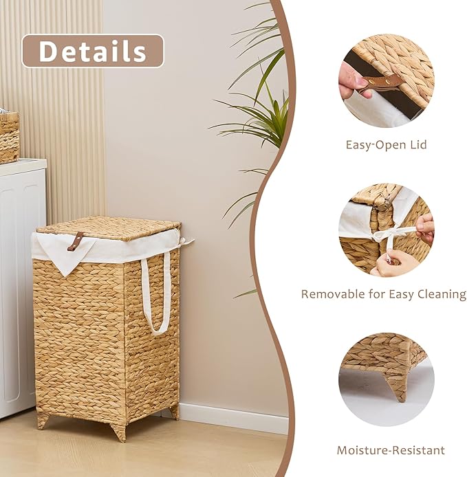 Laundry Hamper with Lid and Removable Liner Bag, Handwoven Natural Hyacinth Clothes Hamper with Heightened Feet, Wicker Laundry Basket for Clothes and Towels,Small