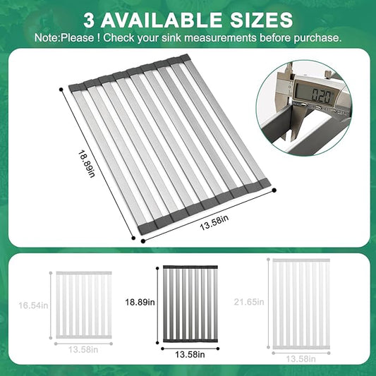 19" X 13" Roll Up Dish Drying Rack,Over The Sink Drying Rack 304 Stainless Steel Foldable Heat-Resistant Dishes Drainer for Kitchen and RV Sink Counter