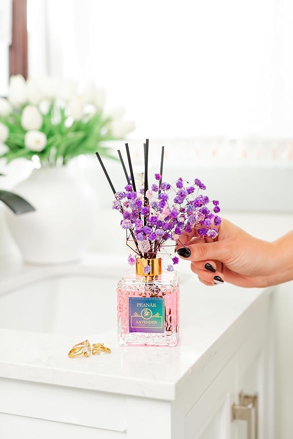 PEANÄK Lavender Reed Diffuser Set with Real Preserved Flowers - 6.7oz Long Lasting Essential Oil Scent for Home, Bathroom & Office Decor