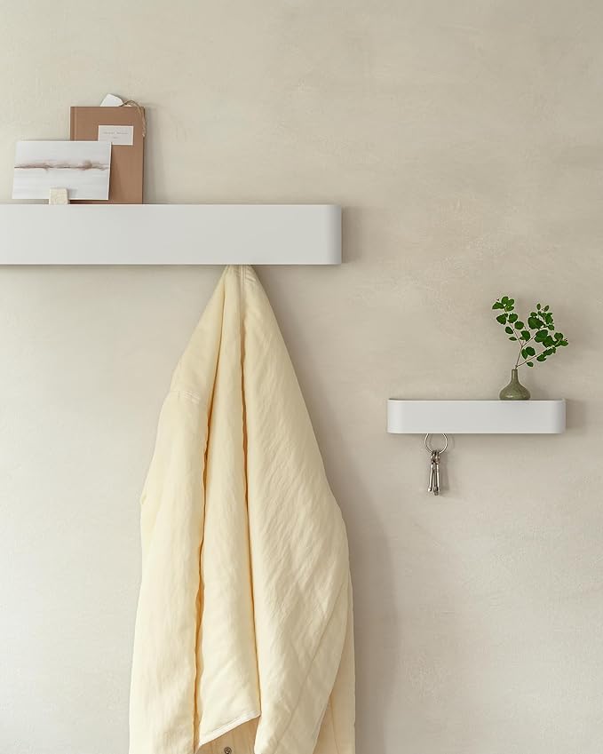 Kazai.ยฎ Coat Rack Wall Mount with Shelf 'Tone' | Modern Design Coat Hanger with Hidden Hooks and Storage | Hat Rack with Shelf in Metal | Wall-Mounted Purse Organizer | White