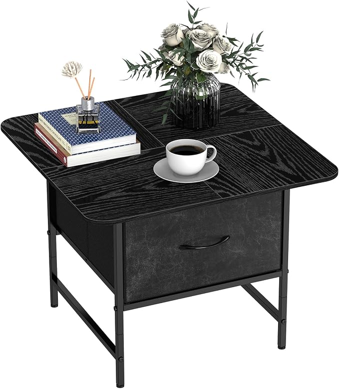Shinoske Square Coffee Table with Storage Drawer,Small Black Coffee Tables for Living Room,2-Tier Farmhouse Center Table with Round Corners for Small Space,Apartment,Office