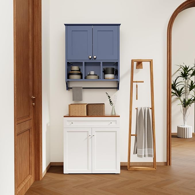 Over-The-Toilet Bathroom Storage Cabinet with Towel Bar, Space-Saving Wall Mounted Medicine Cabinet, 2 Doors & 1 Adjustable Shelf, Easy Install Blue Finish for Bathroom, Kitchen, Living Room