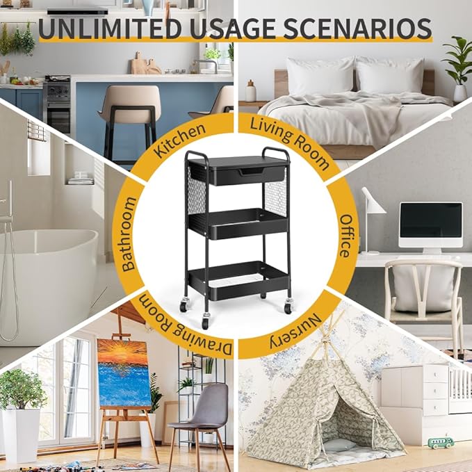 CRUDATE 3-Tier Rolling Cart with Drawer, Metal Utility Storage Cart Organizer with Lockable Wheels&Hanging Cups&Hooks, Mobile Storage Craft Carts Trolley with Mesh Shelves for Kitchen, Office-Black