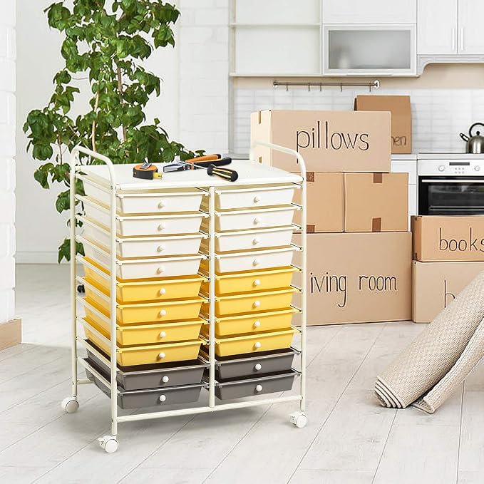 Giantex 20 Drawer Rolling Storage Cart Tools Scrapbook Paper Office School Organizer (25 x 15 x 35 Inch, Yellow)