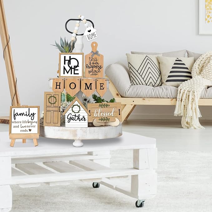 11 Pcs Home Tiered Tray Decor Gather Rustic Farmhouse Tiered Tray Decorations Set Home Wooden Signs Vintage Farm Animal Farmhouse Tabletop Wood Signs for Kitchen Table Shelf Decor