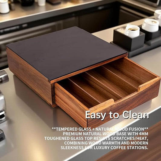 Tempered Glass and Natural Wood Coffee Pod Drawer Organizer - 20 Capsule Multifunctional K Cup Storage | Countertop Coffee Station Organizer for Home/Office (Black)