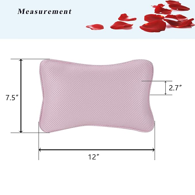 Bath Pillow for Tub, Non Slip with 2 Large Suction Cups, Breathable Soft, Comfortable Head Neck Support, Machine Washable (Pink)