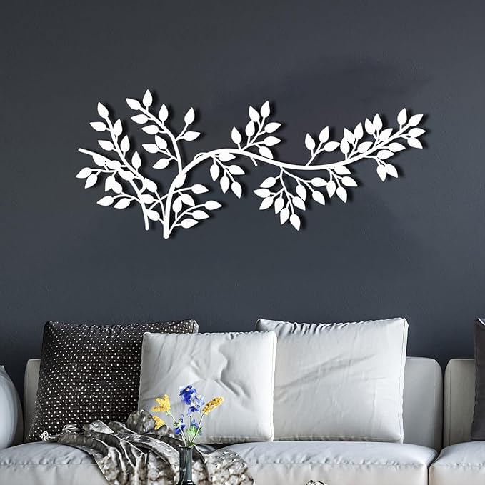 yumcake Metal Tree Leaf Wall Decor, Metal Tree Wall Art, Vine Olive Branch Leaf, Leafy Ivy, Leaves Hanging Wall Art, Branch Wall Decor for Living Room (Silver, 48 x 20 inches / 121 x 52 cm)