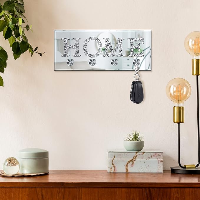 Keys Holder on Wall Crush Diamond Mirrored Home Letter Plaque Sign Wall Mounted Clear Heart Shape Hooks Key Hanger Christmas Gift Door Bookshelf Decorative