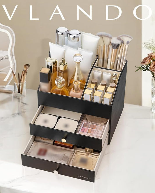 VLANDO Makeup Organizer for Vanity,Large Capacity Countertop Organizer with Drawers, PU Leather Cosmetic Display Case for Lipstick,Brushes,Skincare,Bedroom Storage (Black)
