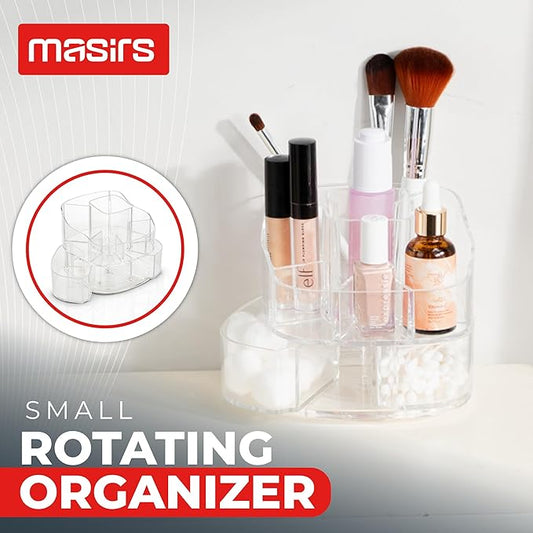 Masirs 360-Degree Rotating Makeup Organizer – Small Acrylic Cosmetic Storage Caddy with 5 Compartments, Mini Lazy Susan Vanity Organizer for Bathroom Counter, Skincare, Perfume, Brushes, Clear