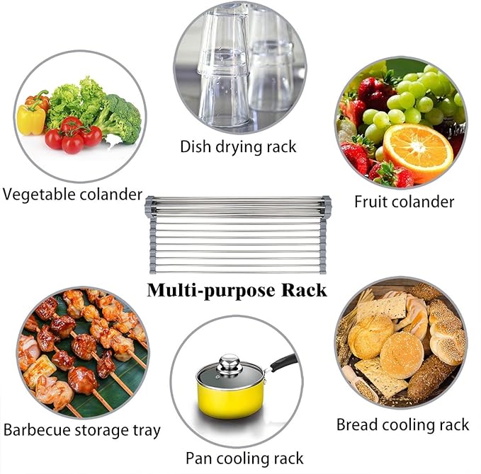 Hhyn Roll Up Dish Drying Rack Over The Sink 17.7"(L) x 15.6"(W), Multipurpose Foldable Stainless Steel Kitchen Rollable Drainer Rack, Gray