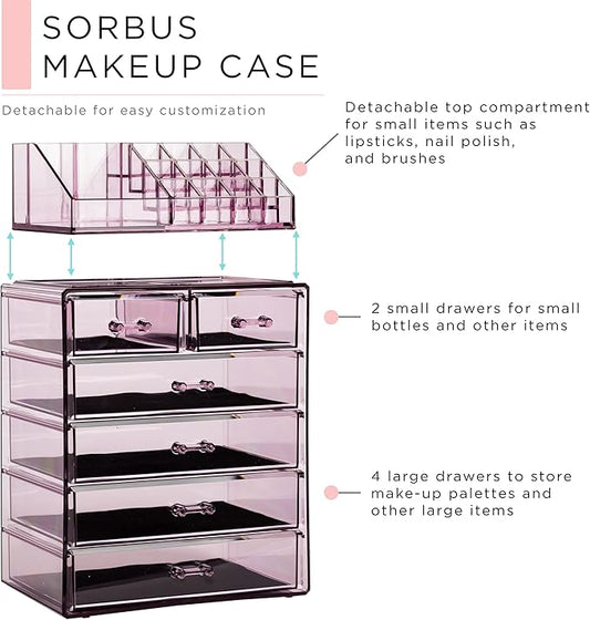 Sorbus Acrylic Makeup Organizer Set, 6-Drawer Vanity & Countertop Cosmetic Storage with Small & Wide Compartments, Purple Makeup Storage for Brushes, Jewelry – Holiday Gift for Women & Teens