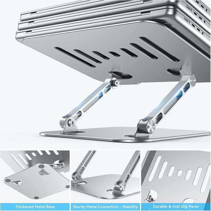 K&ZZ Sturdy and Portable Laptop Stand for Desk, Height Adjustable Riser with Ventilated Cooling, Foldable, Fits All Laptops up to 17.3 Inch, Silver