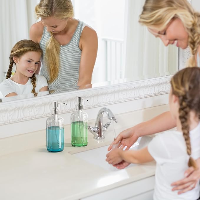 AmazerBath Soap Dispenser, 2 Pack Glass Soap Dispenser with Pump Stainless Steel, 17 Oz Hand Soap Bottles Bathroom Kitchen, Clear