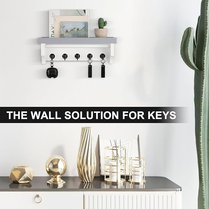 Key and Mail Holder Wall Mount, Key Holder with Shelf and Mail Organizer Wall Mount. Mail Holder with 5 Hooks for Coat, Dog Leash, Home Decor Rack, Entry Way Organizer (Gray & White)