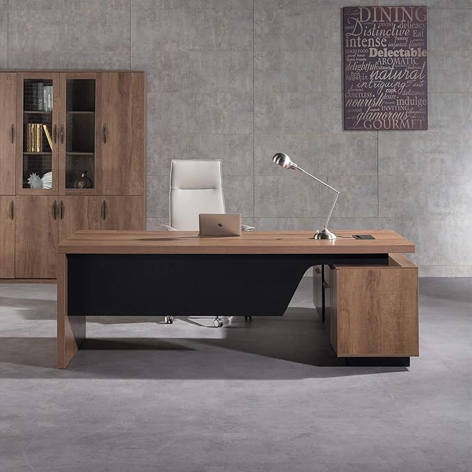 Retractable L-Shaped Executive Desk, Modern Office Desk with Drawers and Lateral File Cabinet, Large Computer Desk with Storage Shelves, Workstation for Home Office (Left Return, 86.6 - 94.5 IN)