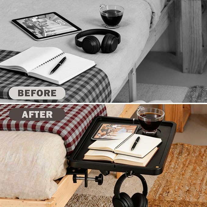 Foldable Bedside Shelf - Bamboo Bedside Shelf with Storage Bag Metal Clip-On Bed Tray Table for Bunk Bed & Dorm Beds, Space Saving Nightstand for Loft Beds