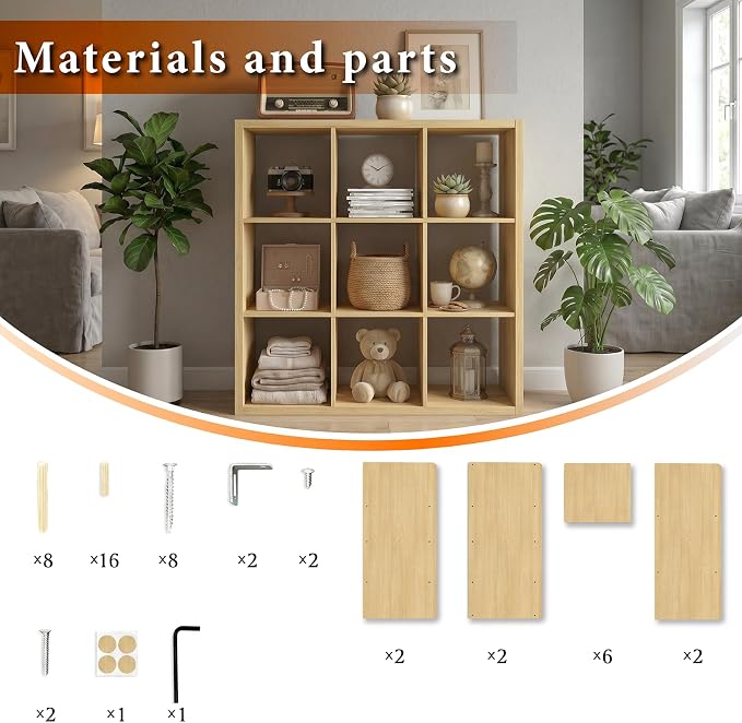 WannabeMyself【2026 Wooden Thick Frame】 9 Cube Storage Organizer with Anti-Tipping Kits, Reversible Open Back Book Shelf,Bookcase for Living Room,Bedroom,Entrance Hall,Office,11.6×36.3×36.3,Oak Color