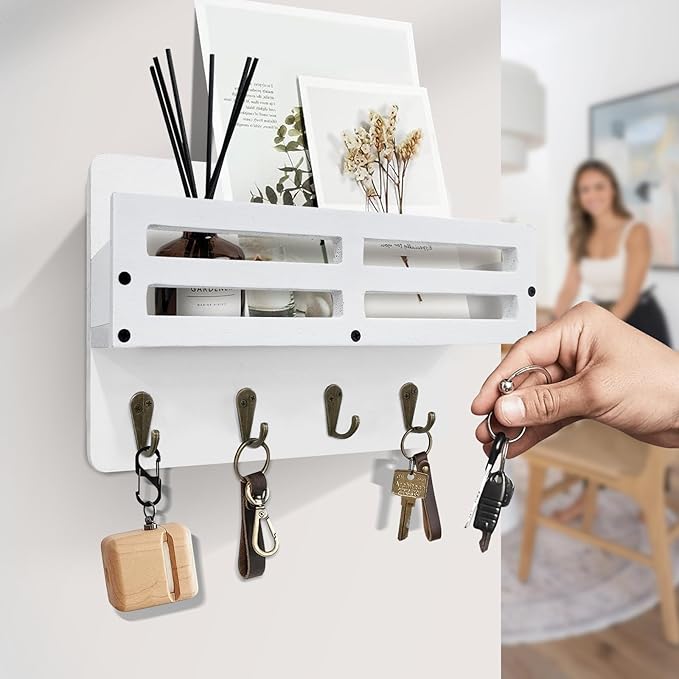 Key Holder Wall Mount Farmhouse Key Hooks for Wall with Mail Organizer Decorative Key Rack with 4 Sturdy Hooks for Dog Leash, Sunglasses, Rustic, Paulownia Key Hanger for Entryway