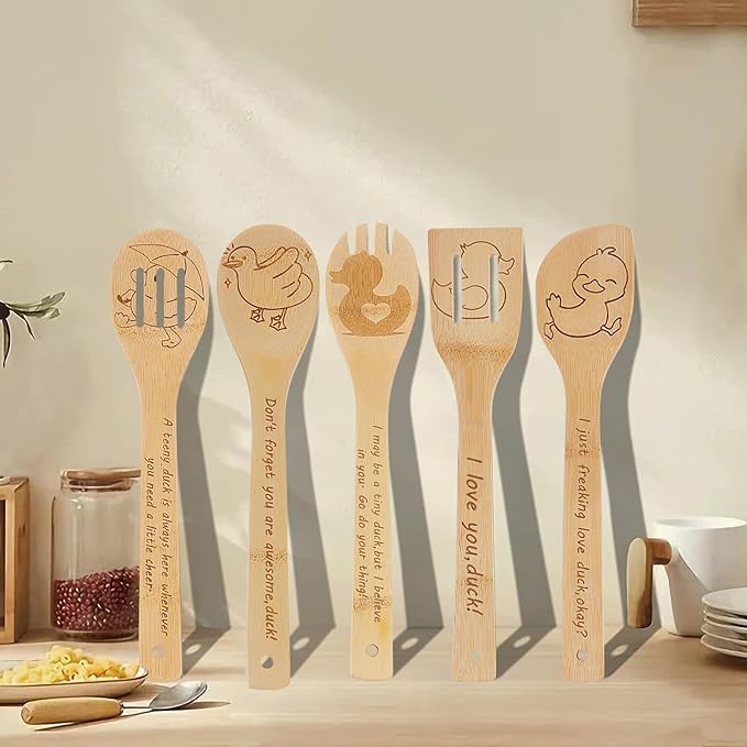 5PCS Duck Wooden Cooking Spoons Kitchen Decor Duck Gifts for Women Men Duck Lovers Birthday Gifts Party Favors Housewarming Wedding Bamboo Cooking Spoons for Everyday Use