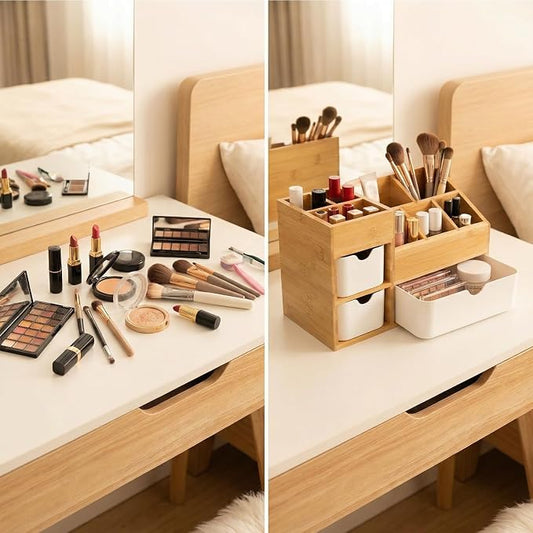 Bamboo Makeup Organizer with 3 Drawers, Dresser Cosmetic Organizer Box,Bamboo Desk Organizer for Home with Adjustable Dividers(11.5x5.4in)