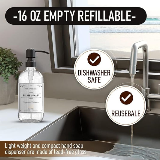 Sunrise Premium 2 Pack Clear Glass Soap Dispenser 16 OZ with Matte Black Stainless Steel Pump, Hand and Dish Soap Dispenser Set for Bathroom and Kitchen Sink with 6 Waterproof Labels