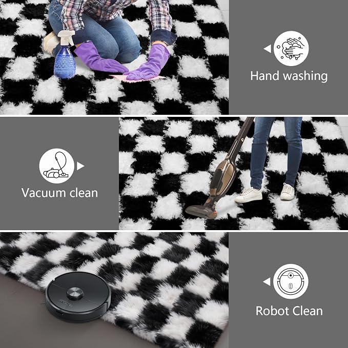 Large Area Rugs for Living Room Bedroom,9x12 Black and White Fluffy Soft Checkered Rug Fuzzy Shag Shaggy Carpet,Indoor Plush Floor Rugs for Teen Dorm Home Decor