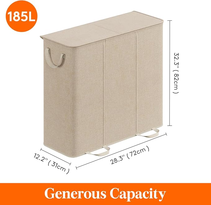 Lifewit Triple Laundry Hamper with Lid and Removable Laundry Bags, Large Collapsible 3 Dividers Dirty Clothes Basket with Handles for Bedroom Laundry Room Closet Bathroom College, 185L Beige