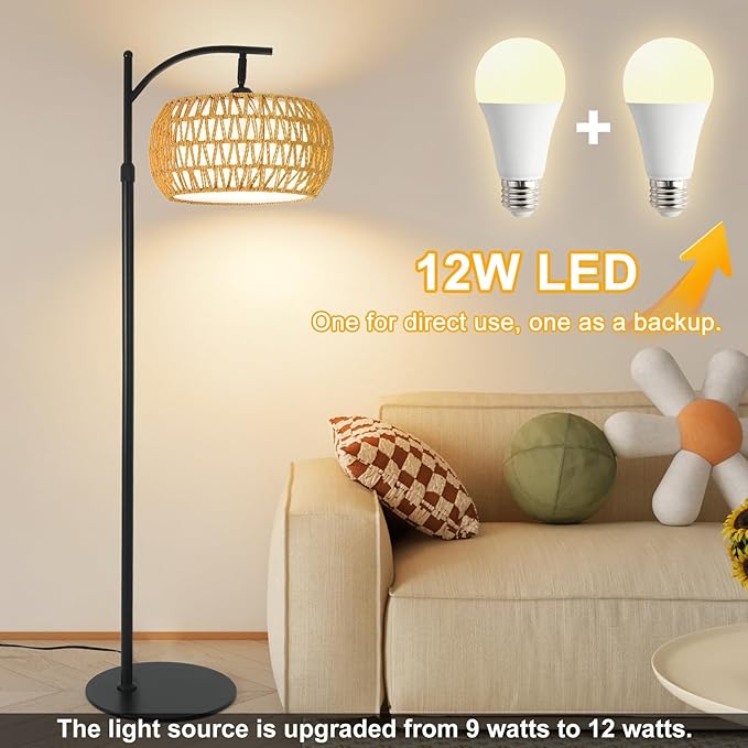 Boho Rattan Floor Lamp with Shade – 12W Bright Dimmable LED Bulb, Remote Control 3 Color Temperatures, Modern Farmhouse Handwoven Arc Standing Light for Living Room Bedroom