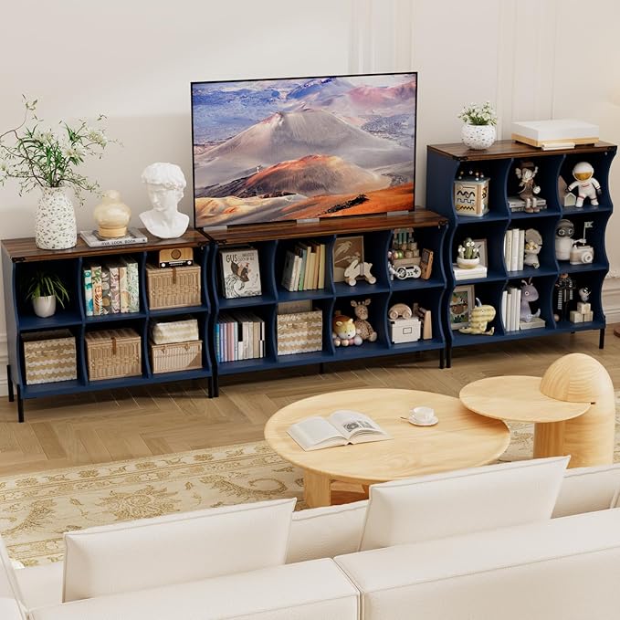 9 Cube Book Shelf, Low and Short Bookshelf, Long Cube Storage Organizer Wood TV Stand, Toy Organization DVD Cabinets for Living Room, Office, Bedroom, Dorm, Blue with Natural Top