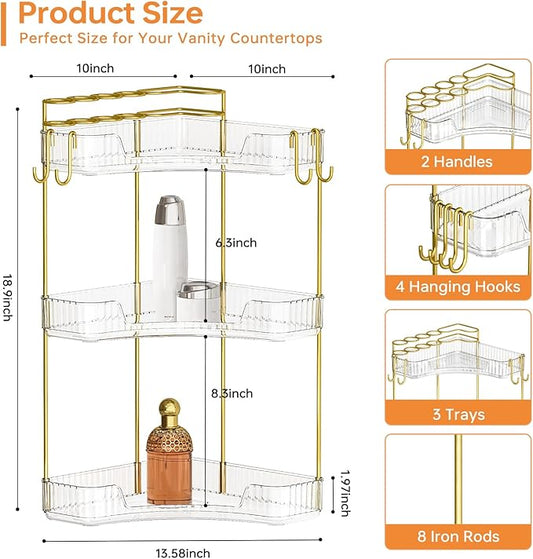 3-Tier Corner Bathroom Counter Organizer,Makeup & Skincare Shelf with Built-in Brush Holder,Space-Saving Bathroom Countertop Organizer for Skincare, Perfume, Cosmetics(Clear)