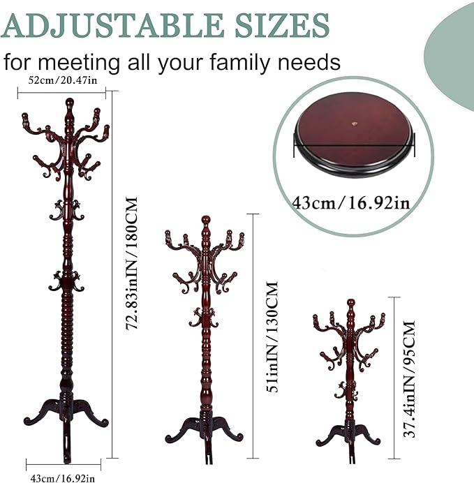 Coat Rack Freestanding,Solid Wooden Coat Rack Stand with 3 Height Options,14 Hooks, Natural Birch Coat Tree Easy to assemble for Clothes Jacket Hat bag Entryway (mahogany) (mahogany 2)