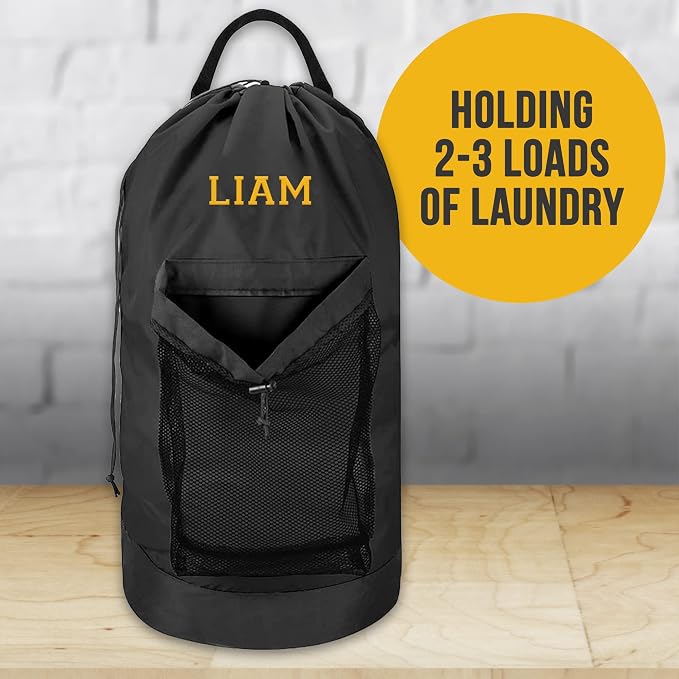 Personalized Travel Laundry Backpack, Embroidered Extra Large Laundry Bag For Travel with Shoulder Strap, Custom Heavy Duty Bag with Mesh Pocket for Delicates, Traveling and Camping
