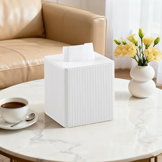 Tissue Box Cover Square with Magnetic Closure, PU Leather Tissue Box Holder for Bathroom NightStands Livingroom, Decorative Modern Square Tissue Holder (Ivory)