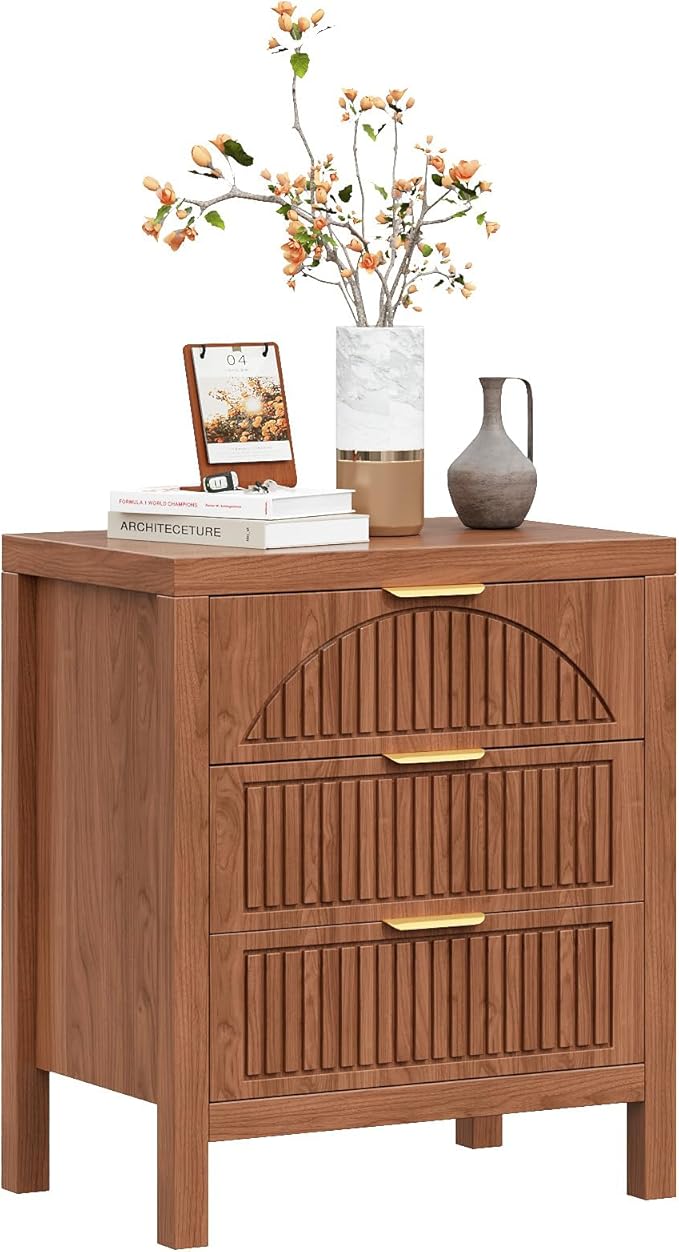 3 Drawer Dresser, Farmhouse Fluted Chest of Drawers, Wooden End Table, Mid- Century Modern Bedroom Nightstand Side Table for Bedrooms, Closets, Hallways, and Entryways, Walnut