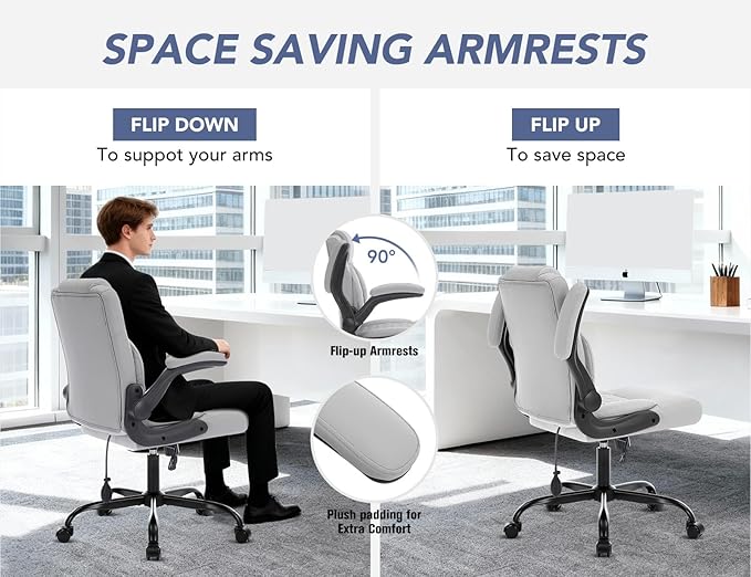Office Chair with Adjustable Inflatable Lumbar Support,Leather Ergonomic Computer Desk Chair with Flip-up Arms,Adjustable Tilt Lock,Swivel Rolling Executive PC Chair for Work,Study,Meeting.Grey