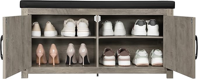 Shoe Storage Bench, 2 Tier Shoe Bench with Padded Seat Cushion & 2 Barn Doors, Entryway Bench with Adjustable Shelf, Farmhouse Shoe Cabinet for Living Room, Bedroom, Greige SB26605BK