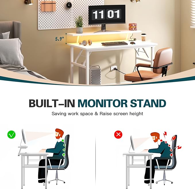 DlandHome Computer Desk 47’’ with LED Lights & Power Outlets,Folding Desk with Monitor Stand, Writing Desk Home Office Desk, Fully Assembled,White