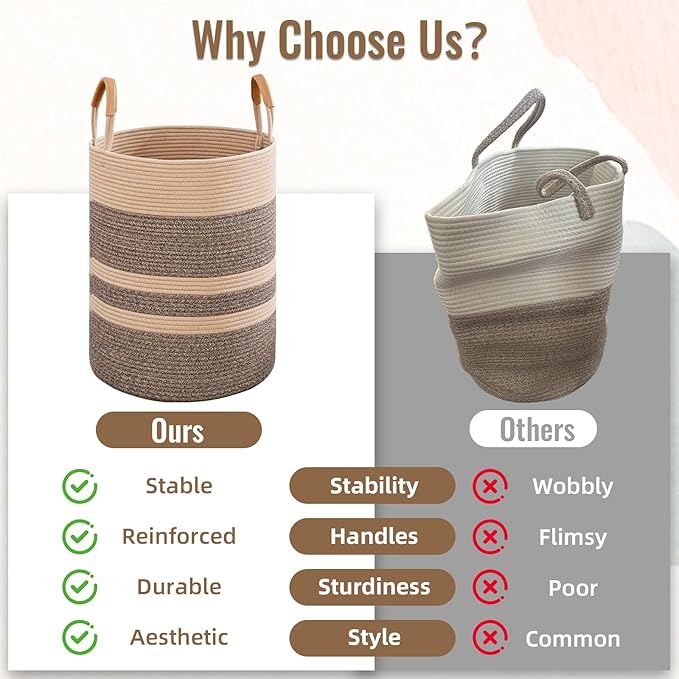 Degeyoyo 75L Striped Laundry Basket, Dark Brown Laundry Hamper with Leather Handles, Woven Cotton Rope Storage Bin for Blankets, Nursery Hamper for Clothes, Toys In Bathroom, Livingroom, Bedroom