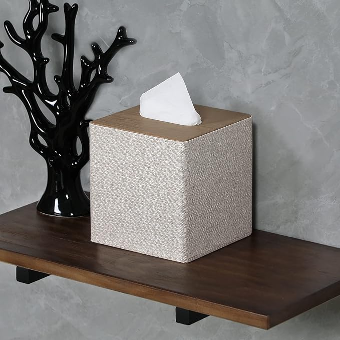 GOLRANLYE Tissue Box Cover Square PU Leather Facial Tissue Box Holder for Dresser Bathroom Decor (Beige)
