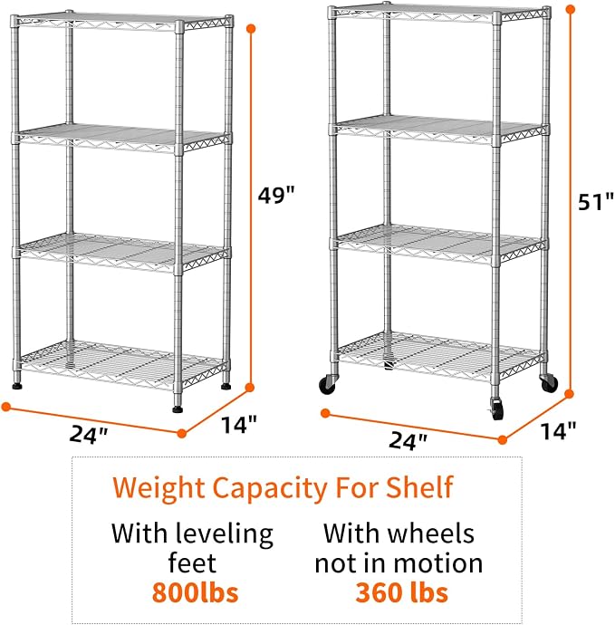 SINGAYE 4 Shelf Storage Wire Shelves Closet Bathroom Organizers Metal Pantry Kitchen Garage Shelving Unit Laundry Room Organization Home Narrow Rack Net Basket with Wheels Silver