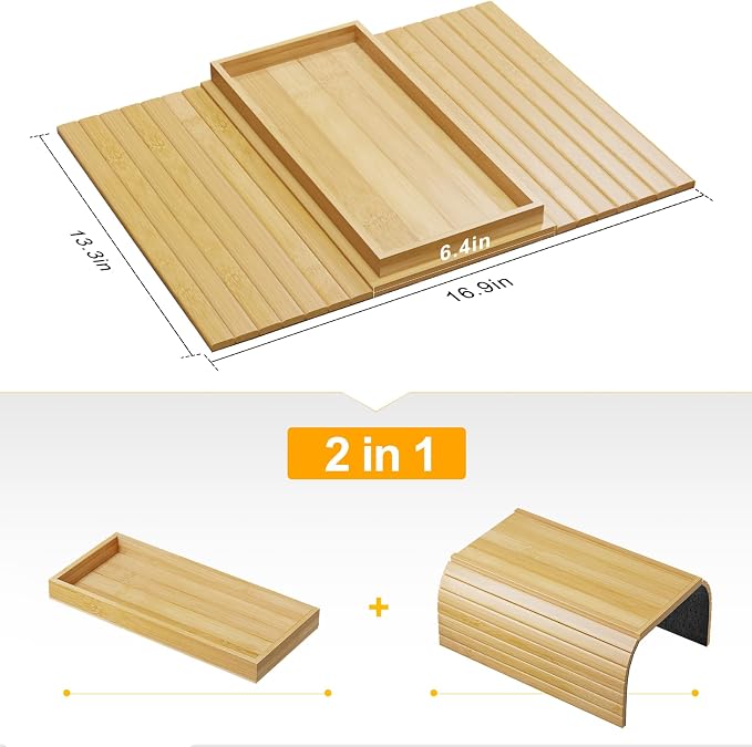 Bestjing Bamboo Sofa Armrest Tray Table for Couch - 2-in-1 Couch Arm Table with Be Slide Detachable Tray- Anti-Slip Foldable Sofa Armchair Caddy for Drinks Cellphone TV Remote Snacks (Bamboo)