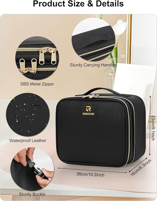 Relavel Makeup Bag with LED Mirror, Small Travel Makeup Case with Rechargeable Lighted Mirror 3 Color Lights, Double Layer Cosmetic Box Makeup Brush Lipstick Holder Organizer for Women, Black